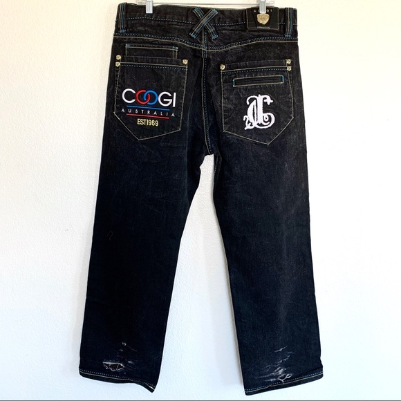 Coogi Black Acid Wash Distressed Embroidered Jeans
